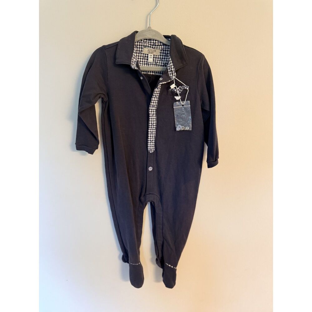Armani Baby Footed Romper Navy Gingham Trim Logo 12M 74cm Designer Cotton